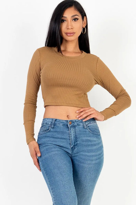 Long Sleeve Round Neck Basic Crop Top - Mr Lou’s Place