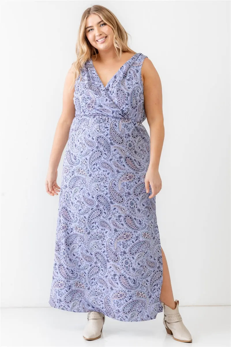 Plus Lavender Paisley Wrap V-neck Sleeveless Midi Dress - Mr Lou’s Place