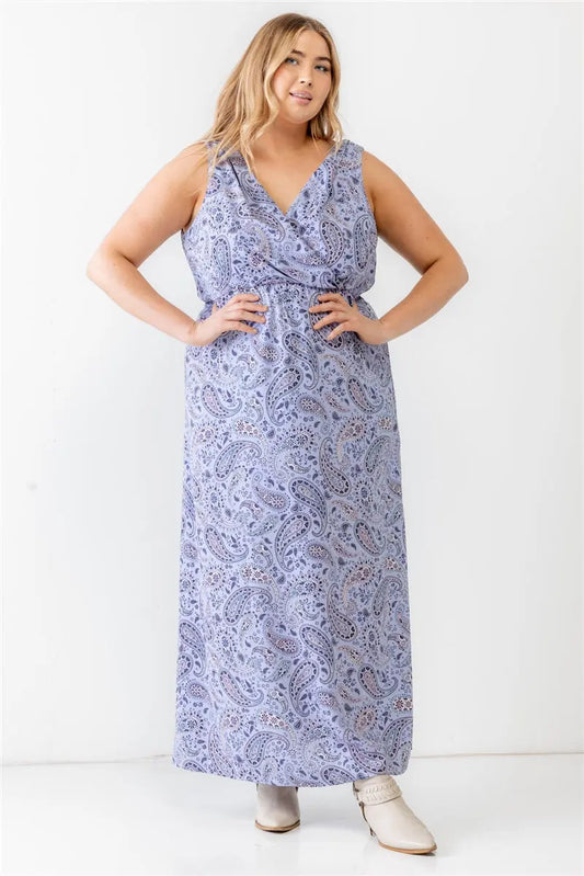 Plus Lavender Paisley Wrap V-neck Sleeveless Midi Dress - Mr Lou’s Place