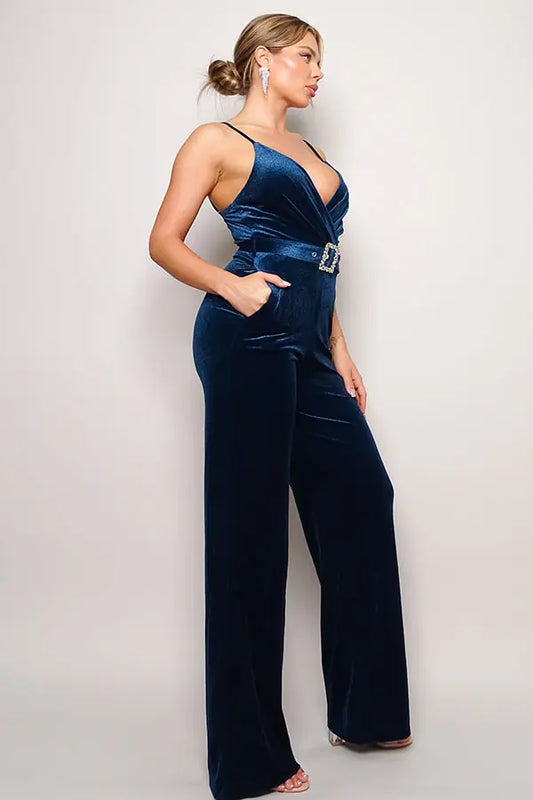Samba Rhinestone Belt Velvet Jumpsuit - Mr Lou’s Place