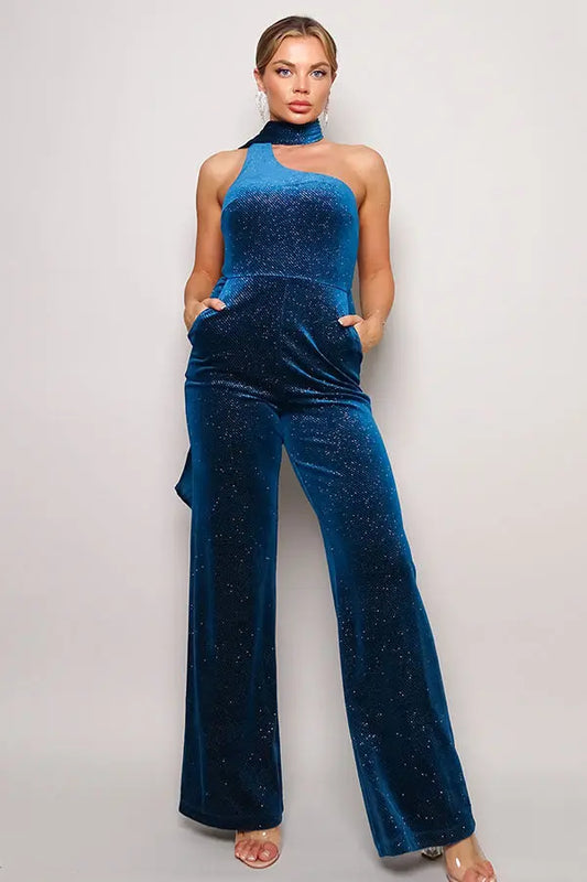 Scarf Top Glitter Velvet Jumpsuit - Mr Lou’s Place