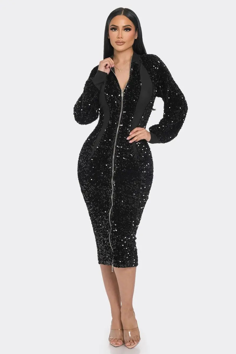 Midi 2 Way Zip Up Sequin Contrast Dress - Mr Lou’s Place