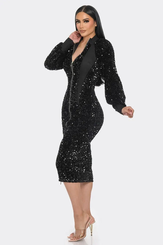 Midi 2 Way Zip Up Sequin Contrast Dress - Mr Lou’s Place