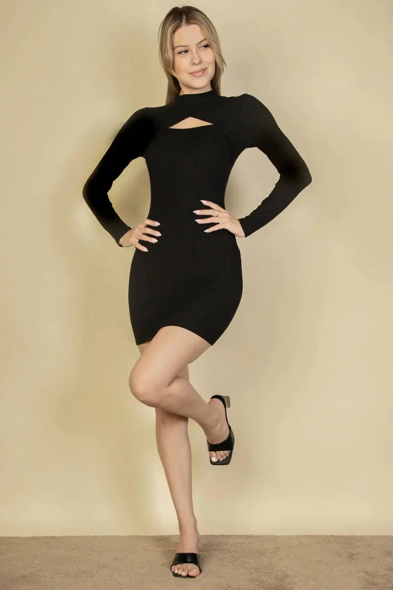 Ribbed Cut Out Front Long Sleeve Bodycon Mini Dress - Mr Lou’s Place