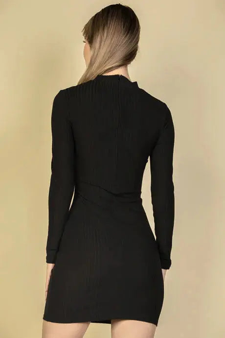 Ribbed Cut Out Front Long Sleeve Bodycon Mini Dress - Mr Lou’s Place