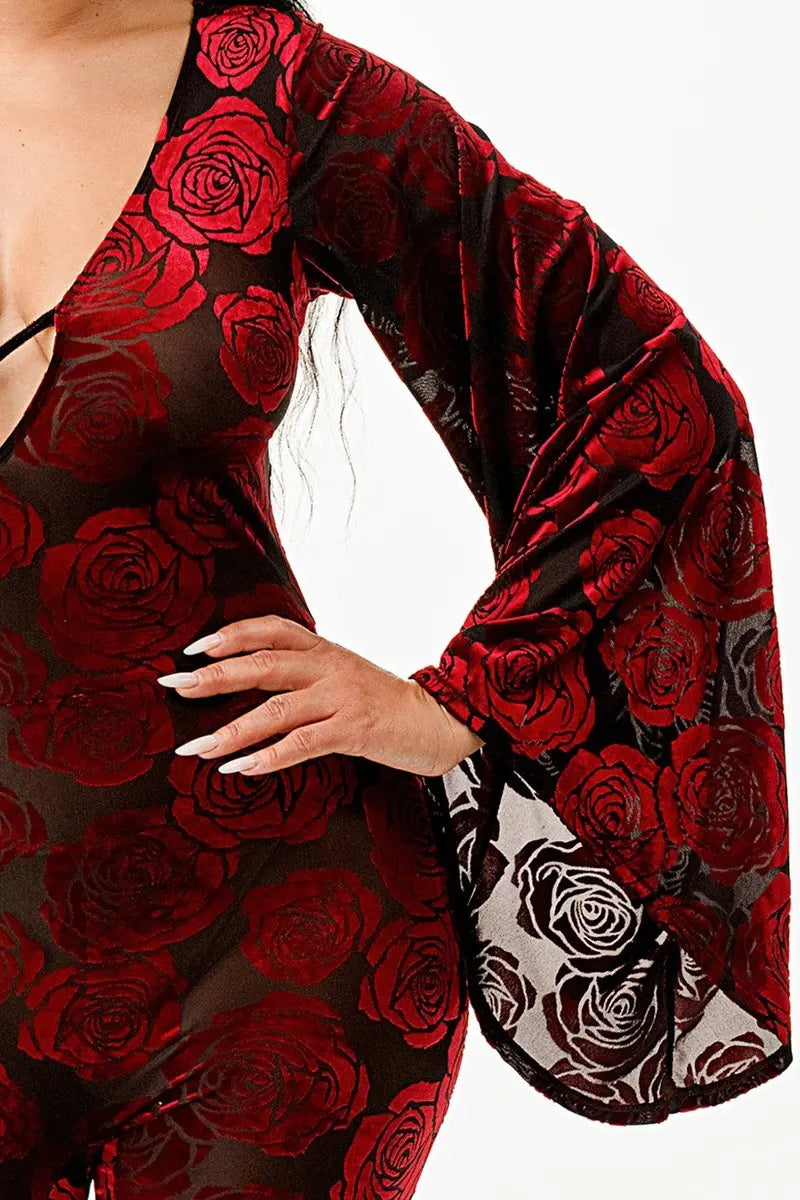 Velvet Flocking Jumpsuit/bell Sleeve - Mr Lou’s Place