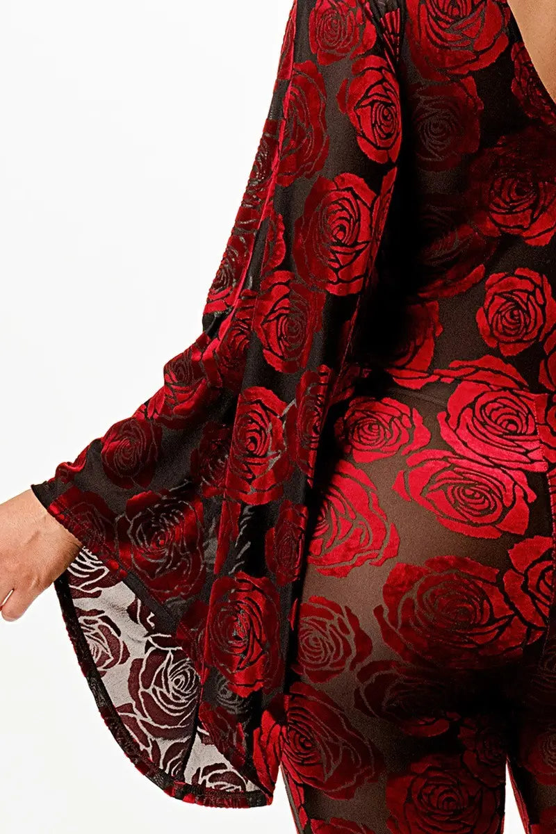 Velvet Flocking Jumpsuit/bell Sleeve - Mr Lou’s Place