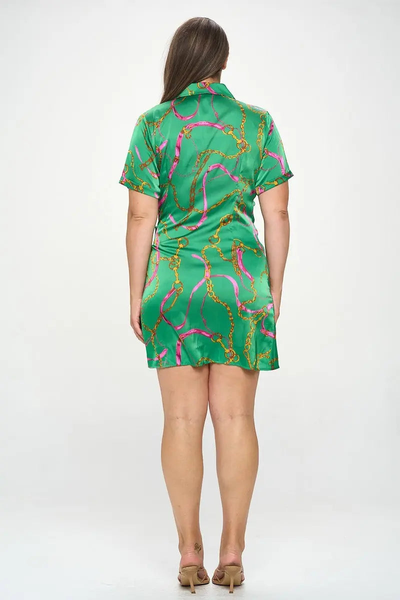 Plus Chain Belt Print Short Sleeve Wrap Tie Dress - Mr Lou’s Place