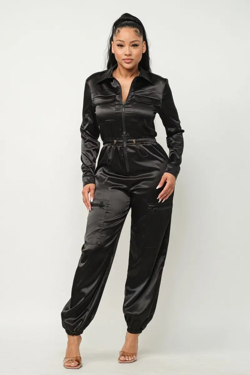 Front Zipper Pockets Top And Pants Jumpsuit - Mr Lou’s Place