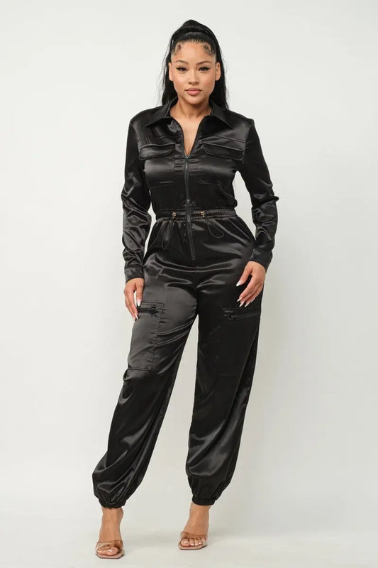 Front Zipper Pockets Top And Pants Jumpsuit - Mr Lou’s Place