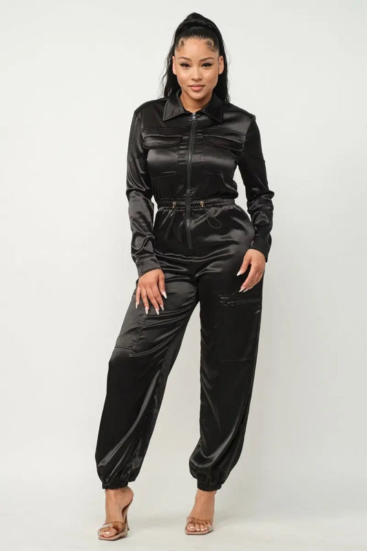 Front Zipper Pockets Top And Pants Jumpsuit - Mr Lou’s Place