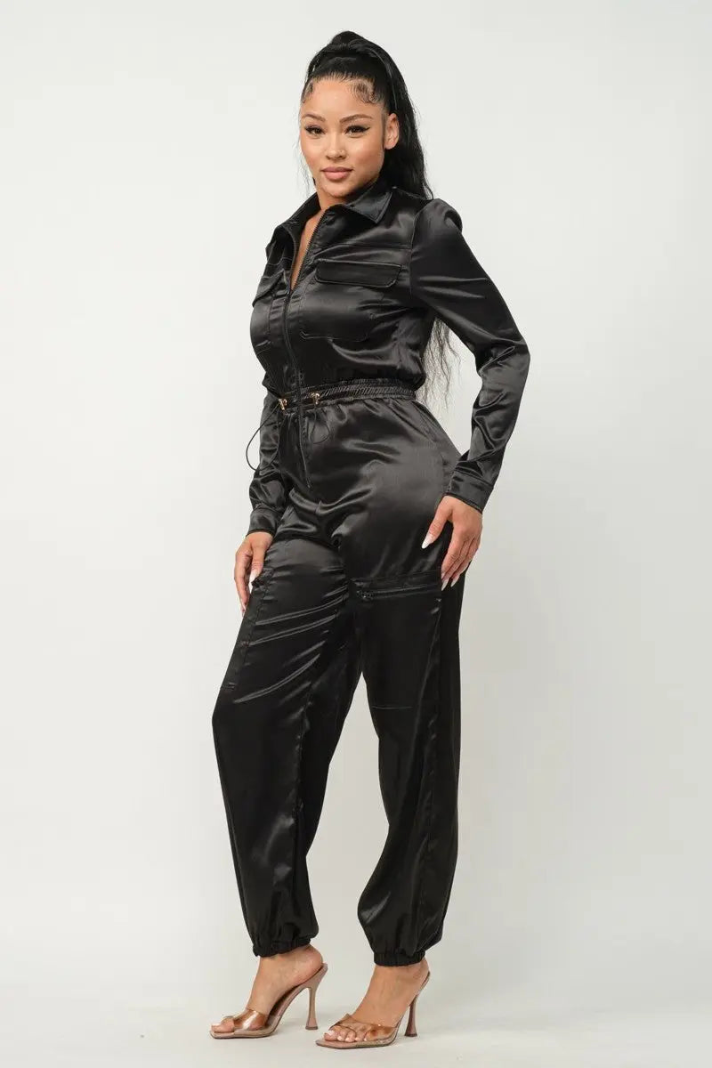 Front Zipper Pockets Top And Pants Jumpsuit - Mr Lou’s Place