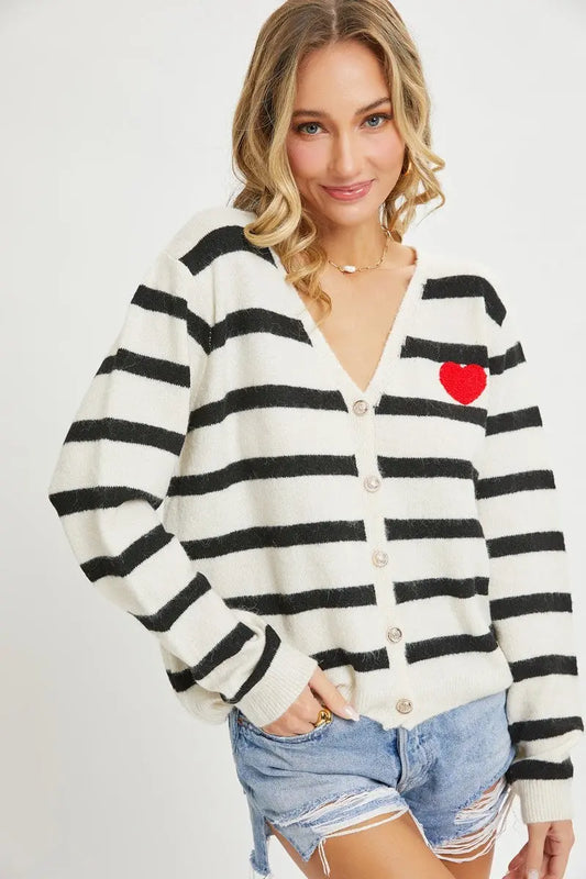 Striped Cardigan With Heart Patch - Mr Lou’s Place