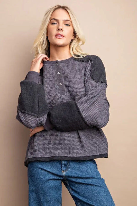 Waffle Knit And Fleece Contrast Henley Top With Button Front - Mr Lou’s Place