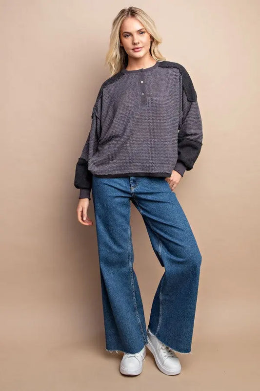 Waffle Knit And Fleece Contrast Henley Top With Button Front - Mr Lou’s Place