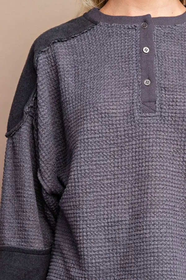 Waffle Knit And Fleece Contrast Henley Top With Button Front - Mr Lou’s Place