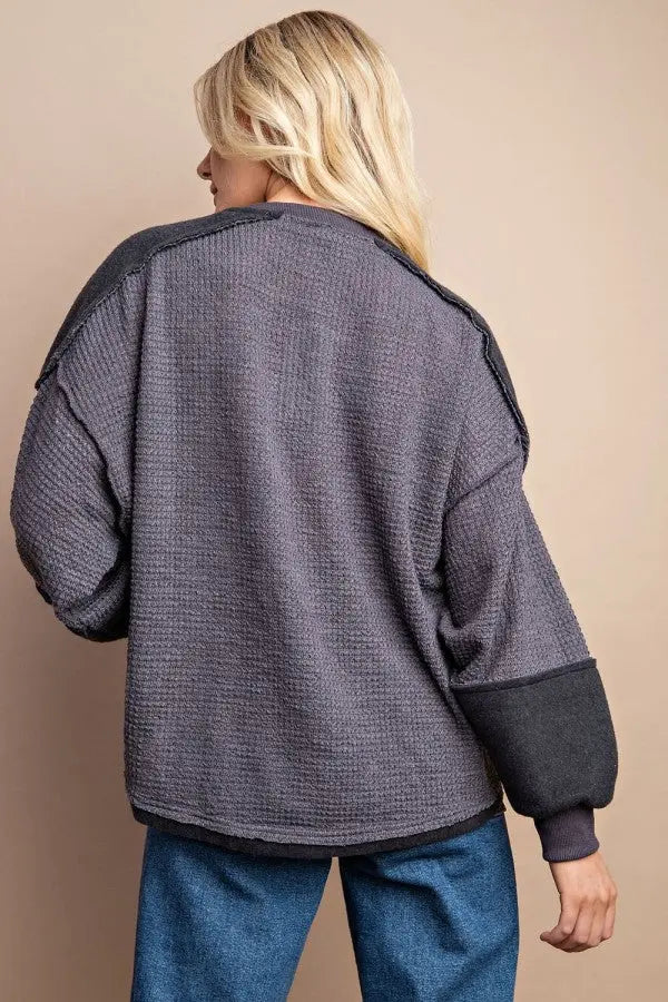 Waffle Knit And Fleece Contrast Henley Top With Button Front - Mr Lou’s Place
