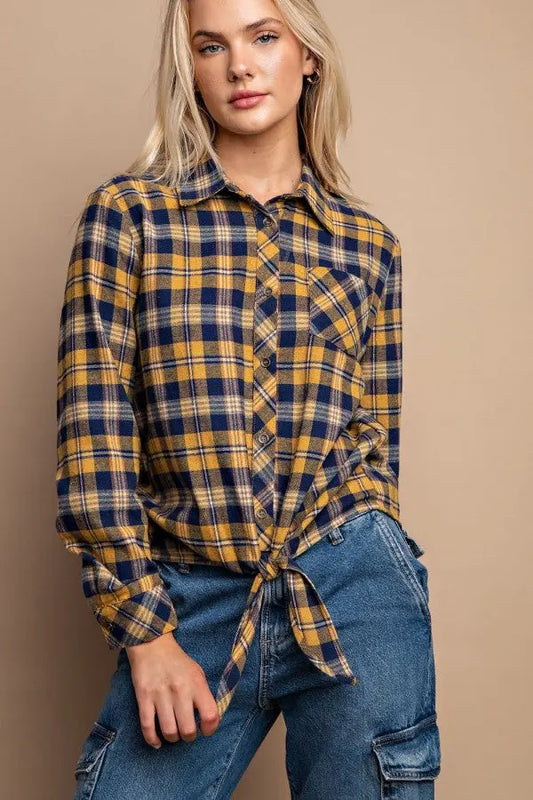 Tie Front Button Down Plaid Shirt With Front Pocket - Mr Lou’s Place