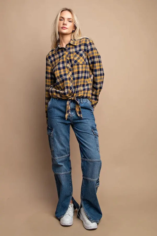 Tie Front Button Down Plaid Shirt With Front Pocket - Mr Lou’s Place