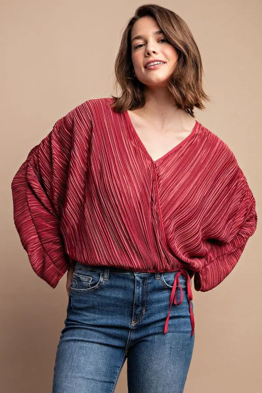 Satin Pleated Drawstring Top With Snap Button - Mr Lou’s Place