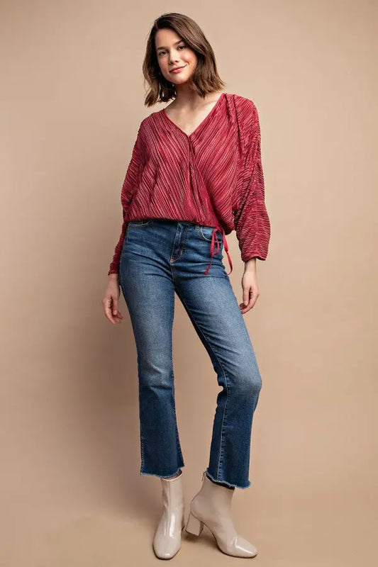 Satin Pleated Drawstring Top With Snap Button - Mr Lou’s Place