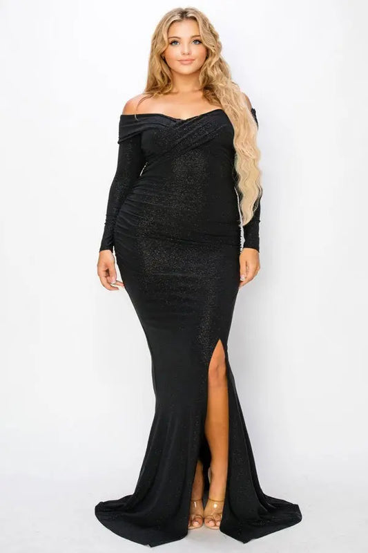 Plus Long Sleeve Off Shoulder Night Party Maxi Dress - Mr Lou’s Place