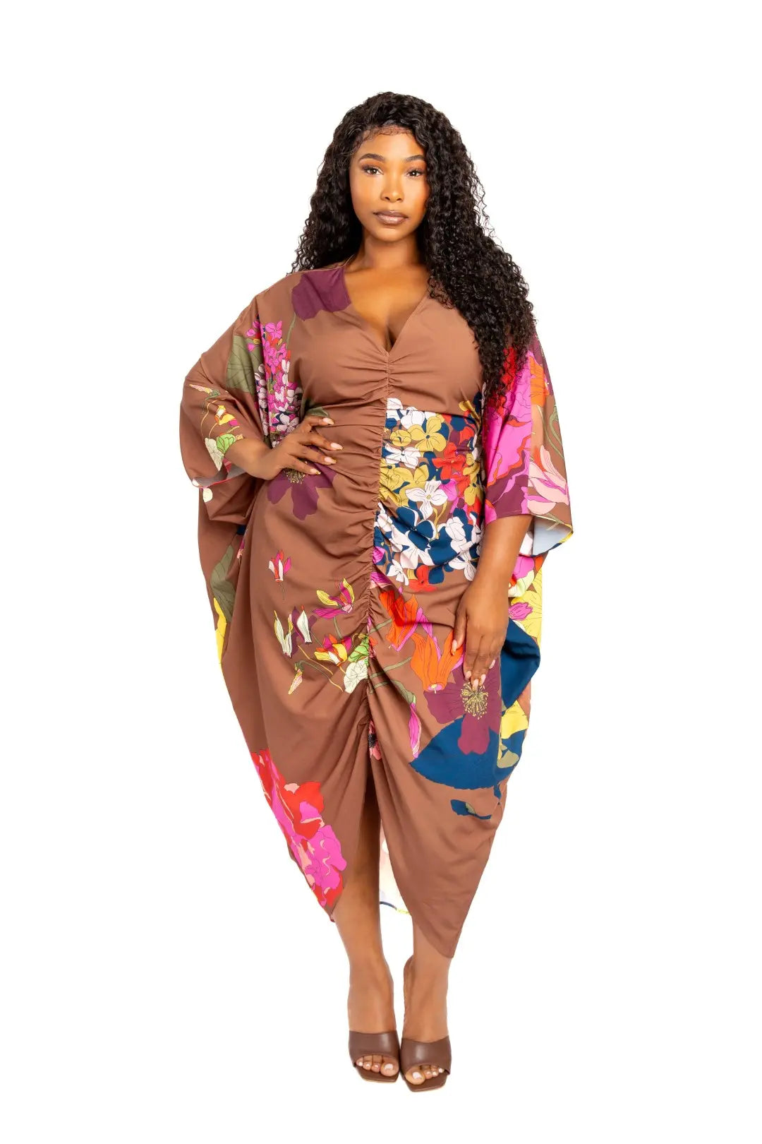 Printed Ruched Kaftan Dress With Inside Waist Tie - Mr Lou’s Place