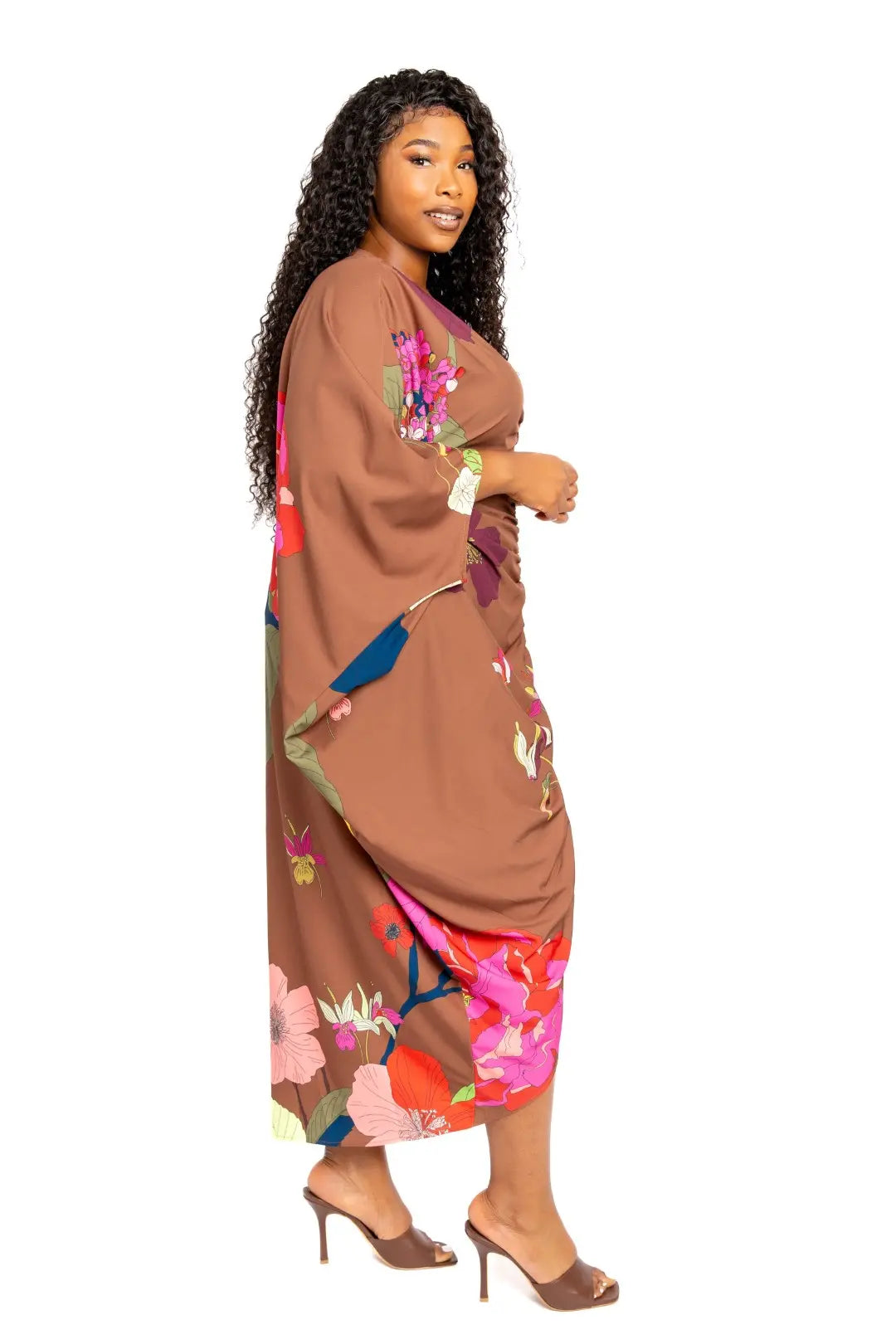 Printed Ruched Kaftan Dress With Inside Waist Tie - Mr Lou’s Place