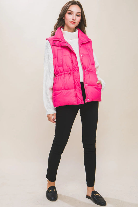 Zip Up Button Puffer Vest With Waist Toggles - Mr Lou’s Place