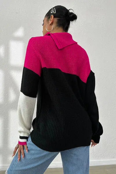 Contrast Buttoned Cutout Long Sleeve Sweater - Mr Lou’s Place